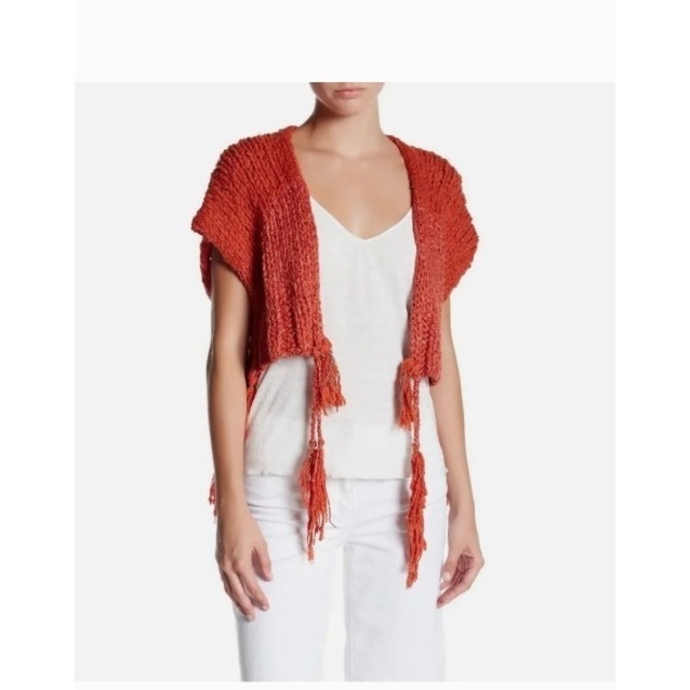 Free People Tassels Away‎ XS Shrug Open Front Knit Red Combo Crop Sweater $128